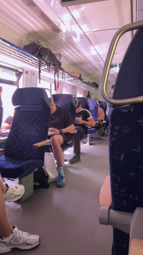 Interior of a moving passenger train car with commuters sitting in seats. 库存影片 346791761