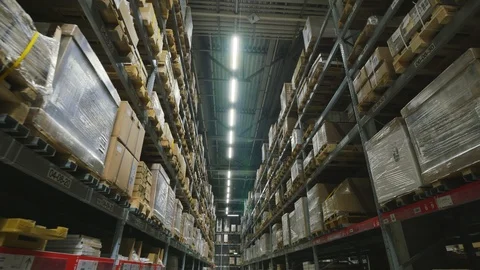 Interior of a multi-level warehouse. Steadicam shot Stock Footage 102699564