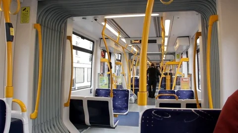 Interior of new Flexity2 Blackpool tram as it travels through Fleetwood. Stock Footage 80682044