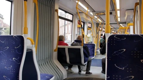 Interior of new Flexity2 Blackpool tram going round a curve in Fleetwood. Stock Footage 80682123