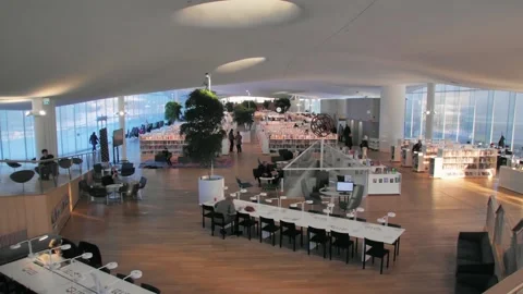 Interior of the new Helsinki central library Oodi. Bright and spacious room Stock Footage 264125106