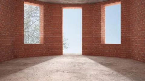Interior of a new house under construction, home renovation, brick walls, con Illustrazione stock
