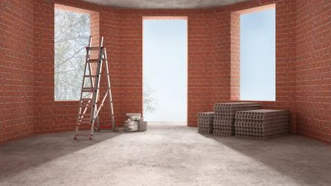 Interior of a new house under construction, home renovation, brick walls, con Illustrazione stock