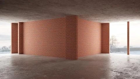 Interior of a new house under construction, home renovation, red brick walls, Stock Illustration