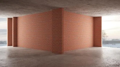 Interior of a new house under construction, home renovation, red brick walls, Illustrazione stock