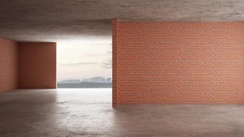 Interior of a new house under construction, home renovation, red brick walls, Illustrazione stock