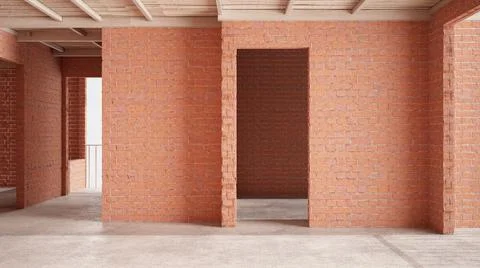 Interior of a new house under construction, home renovation, red brick walls, Illustrazione stock
