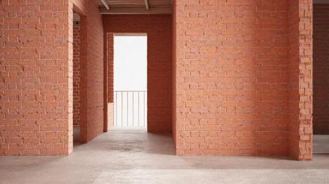 Interior of a new house under construction, home renovation, red brick walls, Stock Illustration
