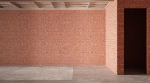 Interior of a new house under construction, home renovation, red brick walls, Illustrazione stock