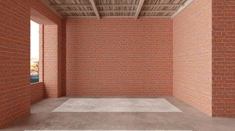 Interior of a new house under construction, home renovation, red brick walls, Stock Illustration