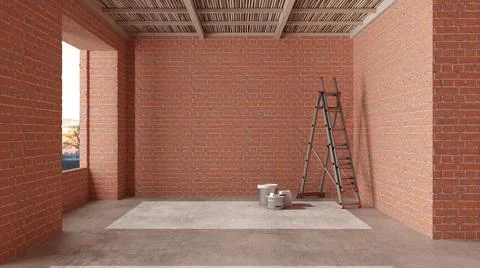 Interior of a new house under construction, home renovation, red brick walls, Stock Illustration