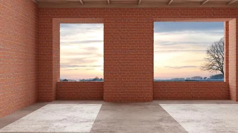 Interior of a new house under construction, home renovation, red brick walls, Stock Illustration