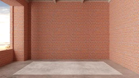 Interior of a new house under construction, home renovation, red brick walls, Illustrazione stock