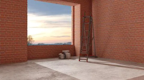 Interior of a new house under construction, home renovation, red brick walls, Stock Illustration
