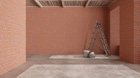 Interior of a new house under construction, home renovation, red brick walls, Stock Illustration