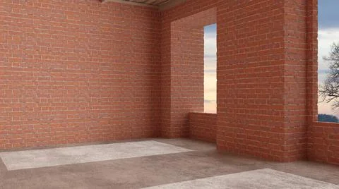 Interior of a new house under construction, home renovation, red brick walls, Stock Illustration