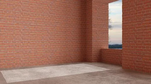 Interior of a new house under construction, home renovation, red brick walls, Illustrazione stock