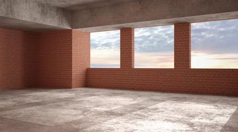 Interior of a new house under construction, home renovation, brick walls, pan Stock Illustration