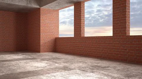 Interior of a new house under construction, home renovation, brick walls, pan イラスト素材