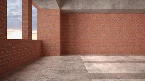 Interior of a new house under construction, home renovation, brick walls, pan イラスト素材