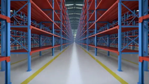 Interior of new huge warehouse with empty racks inside for storage modern Video stock 310282661