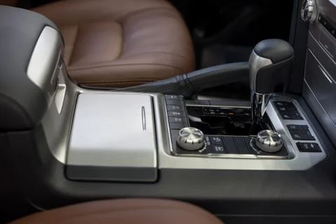 Interior of new modern car with automatic transmission.Modern transportation. Stock Photos