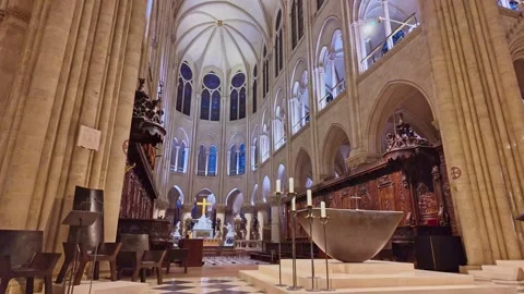 Interior of Notre Dame Cathedral in Paris, France Stock Footage 313477624