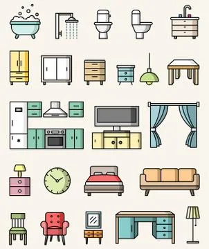 Interior objects flat style colorful icons vector set Stock Illustration