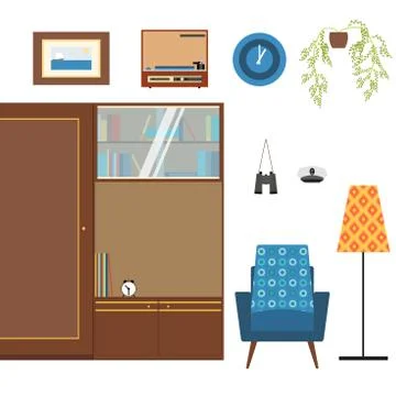 Interior objects of living room sea captain in the style of 70's Stock Illustration