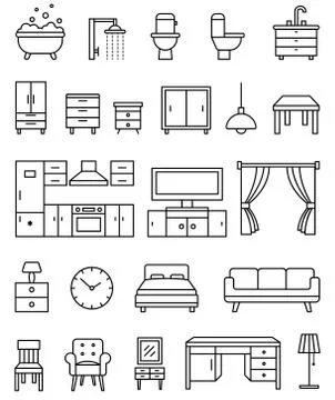 Interior objects outline isolated icons vector set Stock Illustration