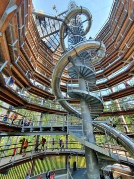 Interior of observation tower of the Krkonose Tree Top Walk trail. Fotos de archivo