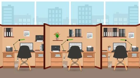 Interior office room flat design with big window including three isolated wor Stock Illustration