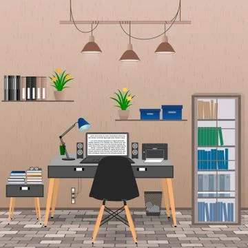 Interior of office room including work space with laptop, printer, lamp, hous Stock Illustration