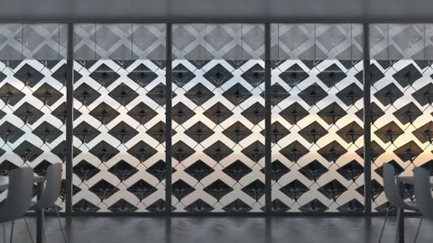 Interior of office space with large window with moving solar panels outside Stock Footage 288979453