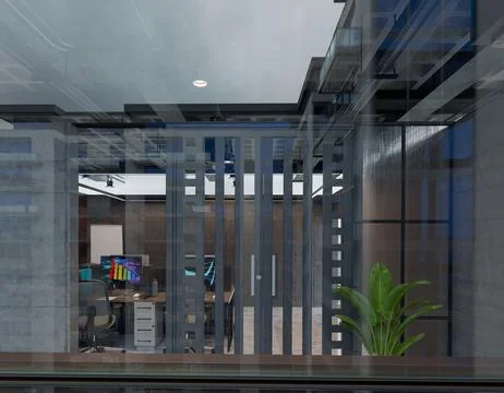 Interior office space, modern industrial design, reflected through glass Stock Illustration