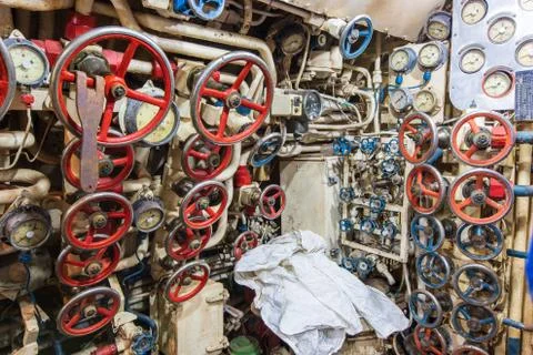 Interior of old abandoned Russian Soviet submarine Stock Photos