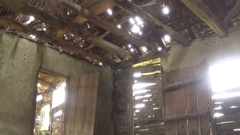 Interior of old and abandoned house, ceiling, door and window Stock-Footage 111697976
