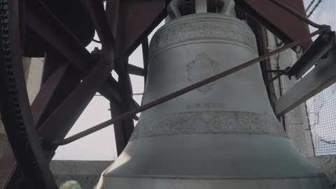 Interior of the old bell tower with his bells Stock Footage 90626752