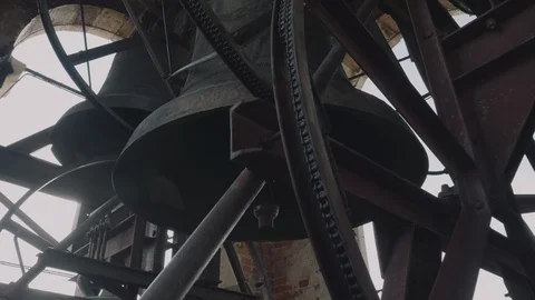 Interior of the old bell tower with his bells Stock Footage 90626862