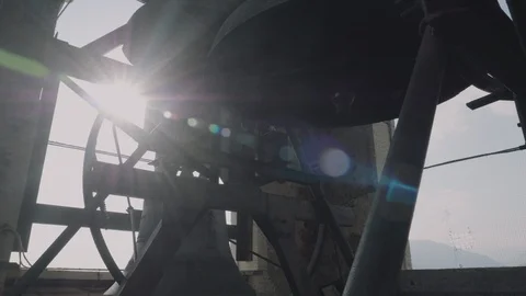 Interior of the old bell tower with his bells Stock Footage 90626981