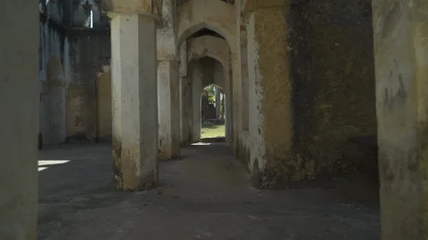 Interior of an old building and green lawn Stock Footage 85778332
