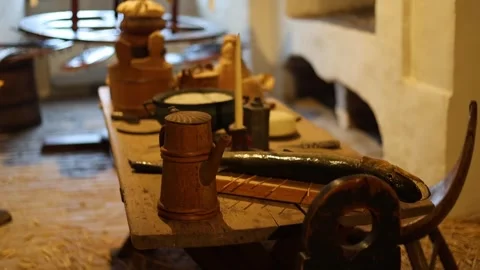 Interior of an old castle kitchen with medieval-style food  4K Video stock 321153762