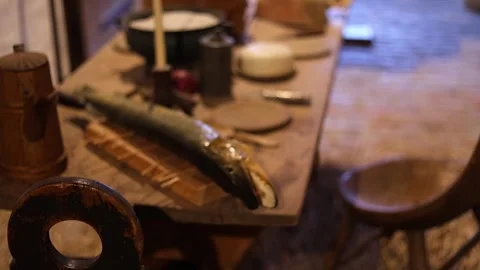 Interior of an old castle kitchen with medieval-style food  4K Stock Footage 321153858