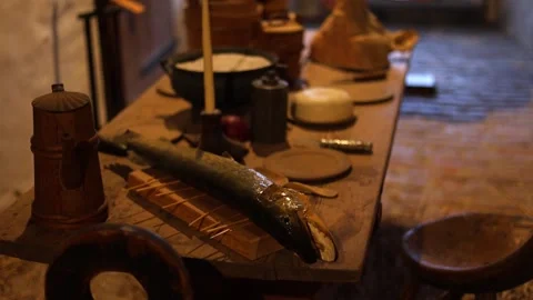 Interior of an old castle kitchen with medieval-style food  4K Stock Footage 321154136