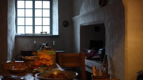 Interior of an old castle kitchen with medieval-style food  4K Stock Footage 321154757