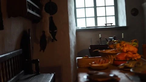 Interior of an old castle kitchen with medieval-style food  4K Stock Footage 321154955