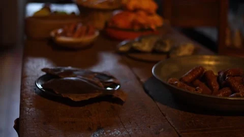 Interior of an old castle kitchen with medieval-style food  4K Stock Footage 321155079