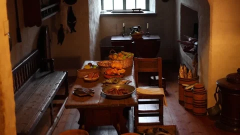 Interior of an old castle kitchen with medieval-style food  4K Stock Footage 321155220