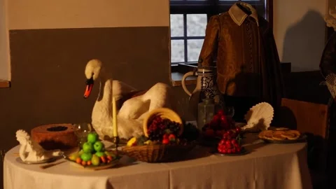 Interior of an old castle kitchen with medieval-style food  4K Stock Footage 321155511