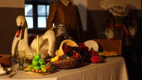 Interior of an old castle kitchen with medieval-style food  4K Stock Footage 321155601